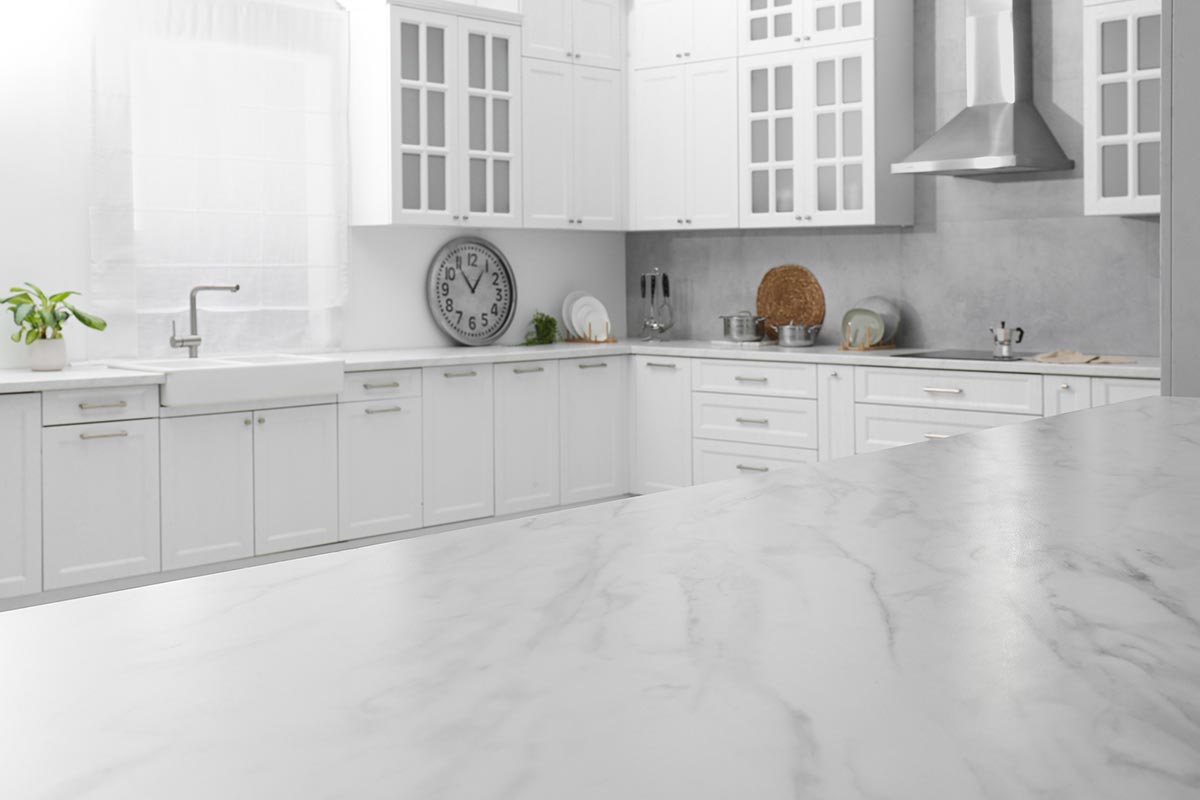 White marble countertops installed in a Phoenix kitchen